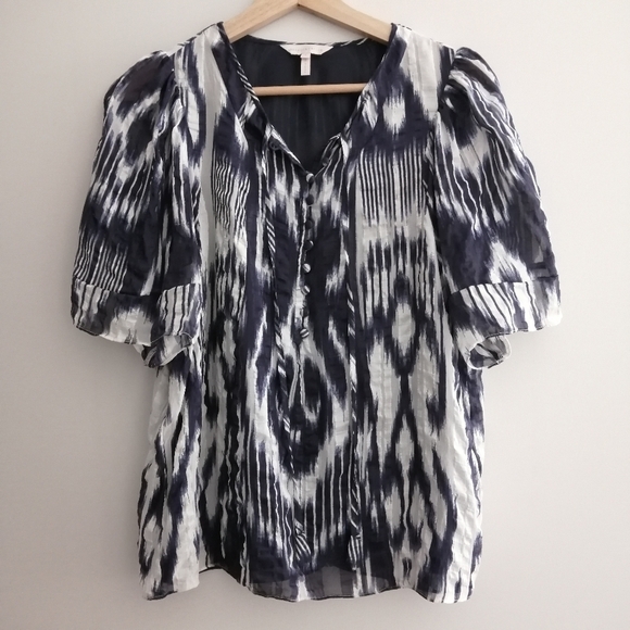Rebecca Taylor Silk Short Sleeve Button Up Blouse Tie Neck Blue White 8 - Picture 4 of 15